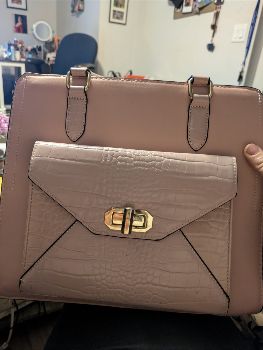 Source Unknown Blush Pink Satchel with Croc-Embossed Front Pocket
